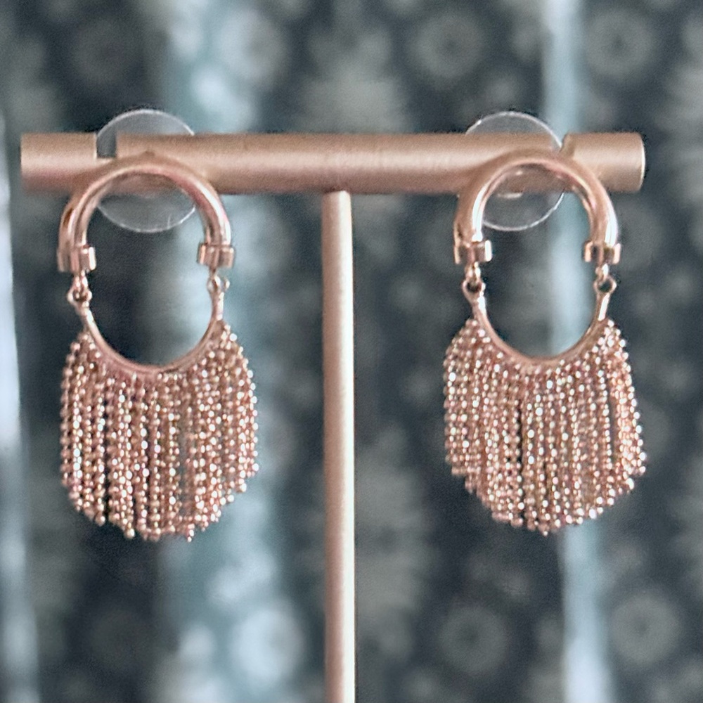 Geometric Hoop Semi Circle Fringe Fan Gold Statement Earrings by Natasha NWT - Picture 4 of 5